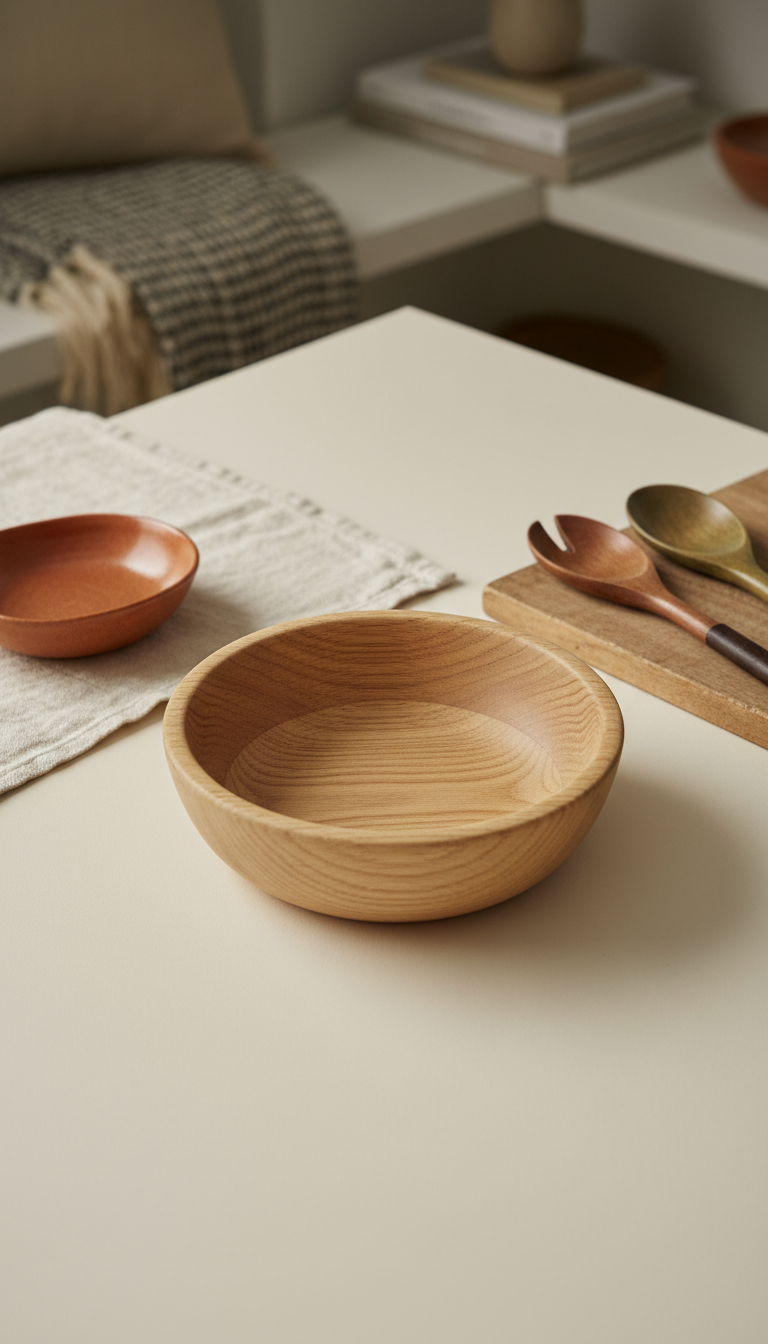 Natural Wood Serving Bowl with Carved Rim