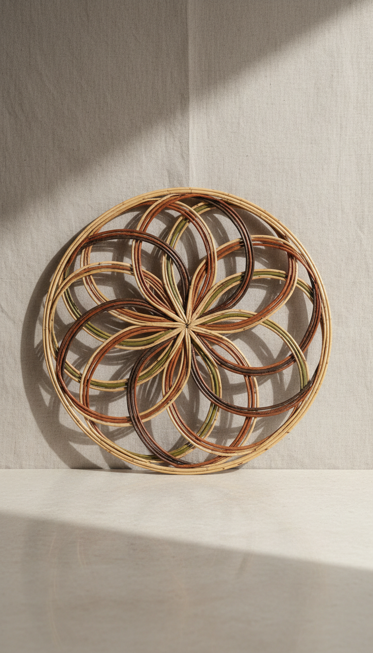 Handcrafted rattan wall art in geometric weave