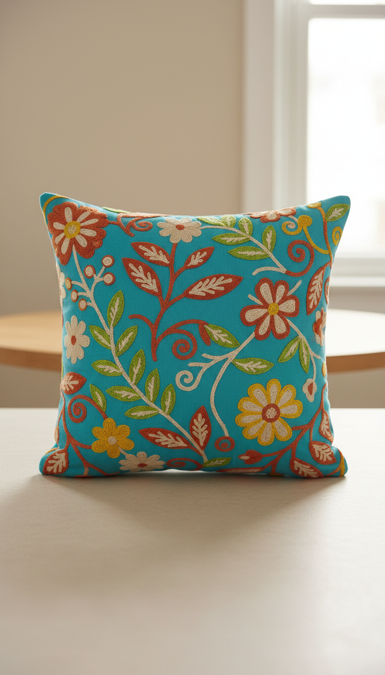Embroidered cushion in vivid aqua
