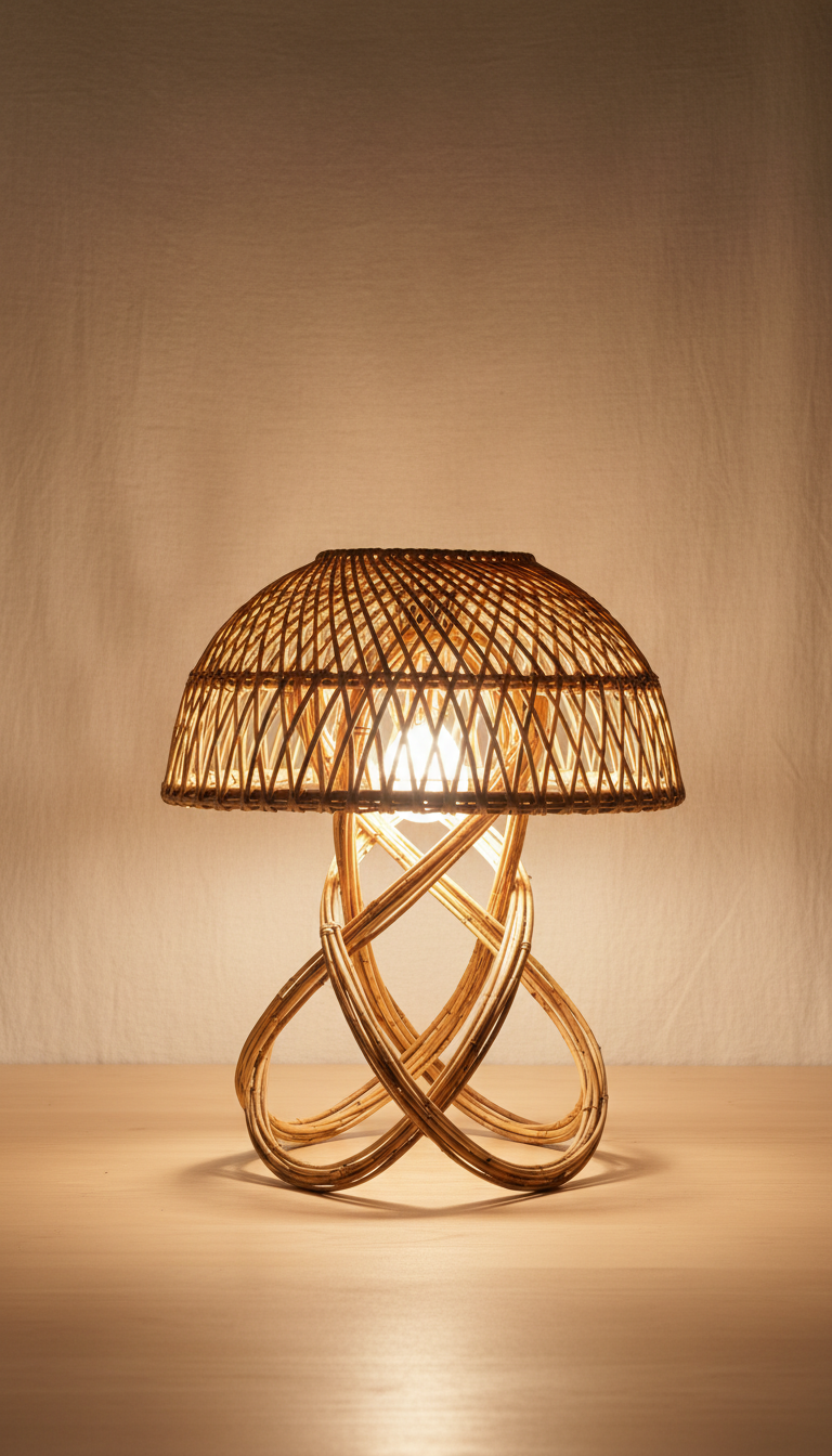 Sculpted Rattan Table Lamp with Linen Shade